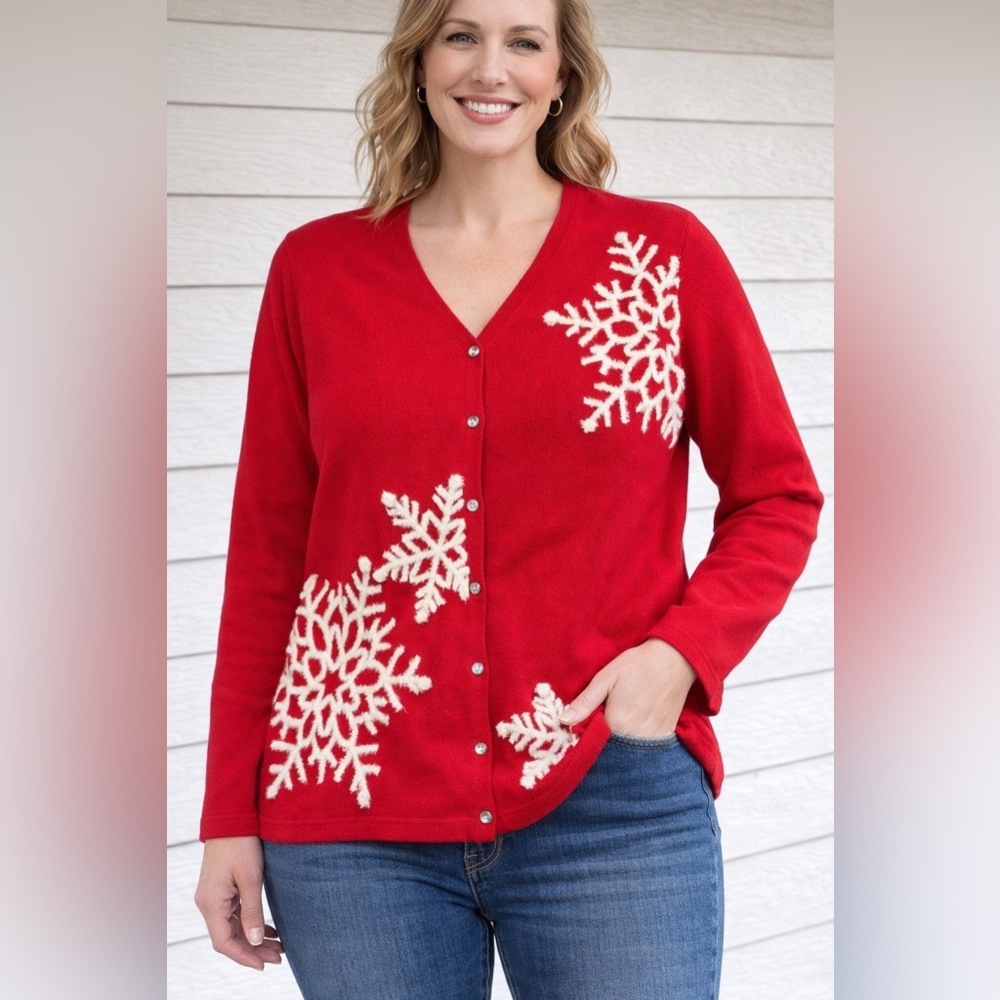 Mercer Street Studio Red Christmas Snowflake Cardigan Sweater Large Holiday Rami